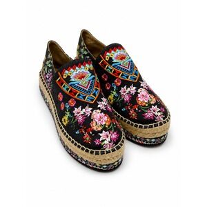 Johnny Was Black Leopard Floral Embroidered Platform Espadrille Shoes Size 9.5